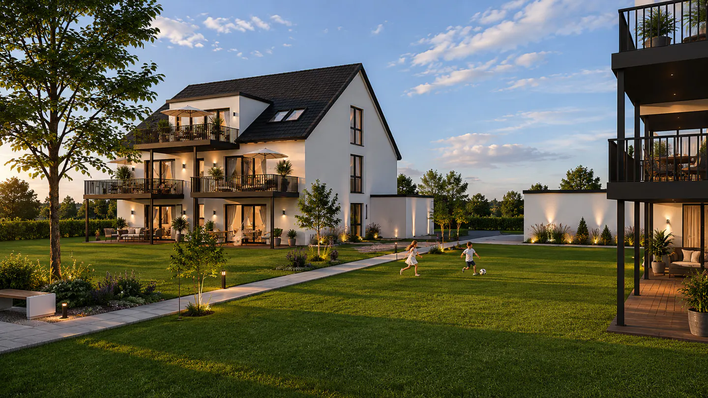 Modern white house with black roof and balconies. Two children play soccer on the green lawn.