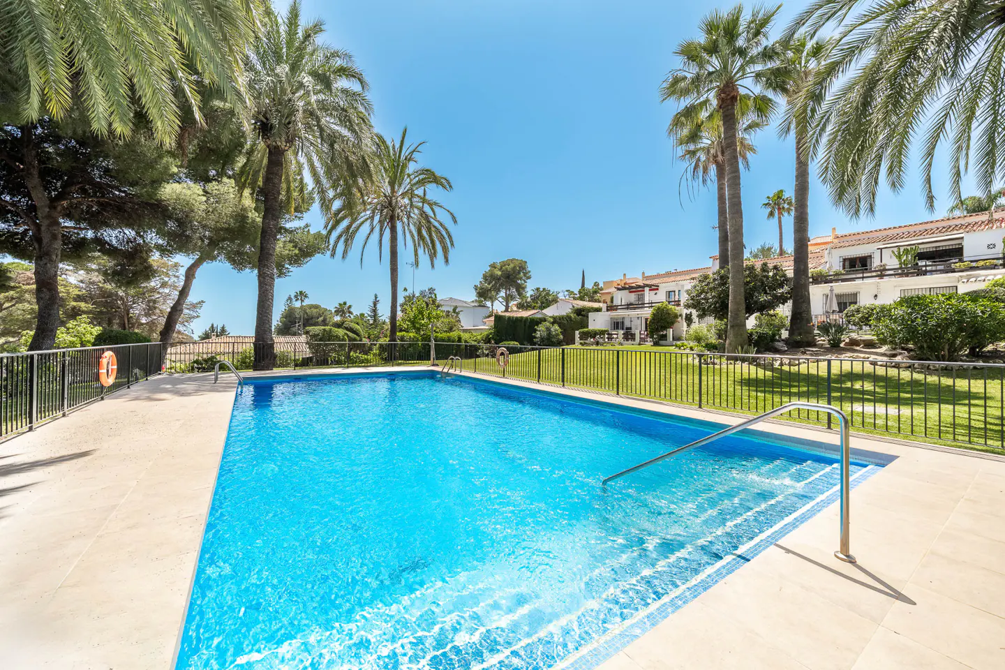 Outdoor pool with turquoise water, surrounded by palm trees and a black metal fence. White buildings are visible in the background.