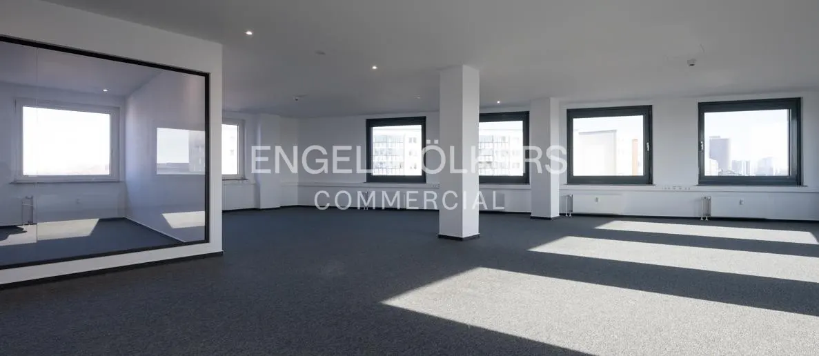Empty modern office space with white walls, dark grey carpet, large windows, and a glass-walled meeting room.