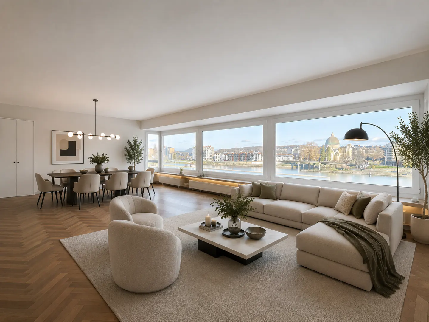 Bright, modern living room with beige furniture, wood floors, and a large window overlooking a river and city.
