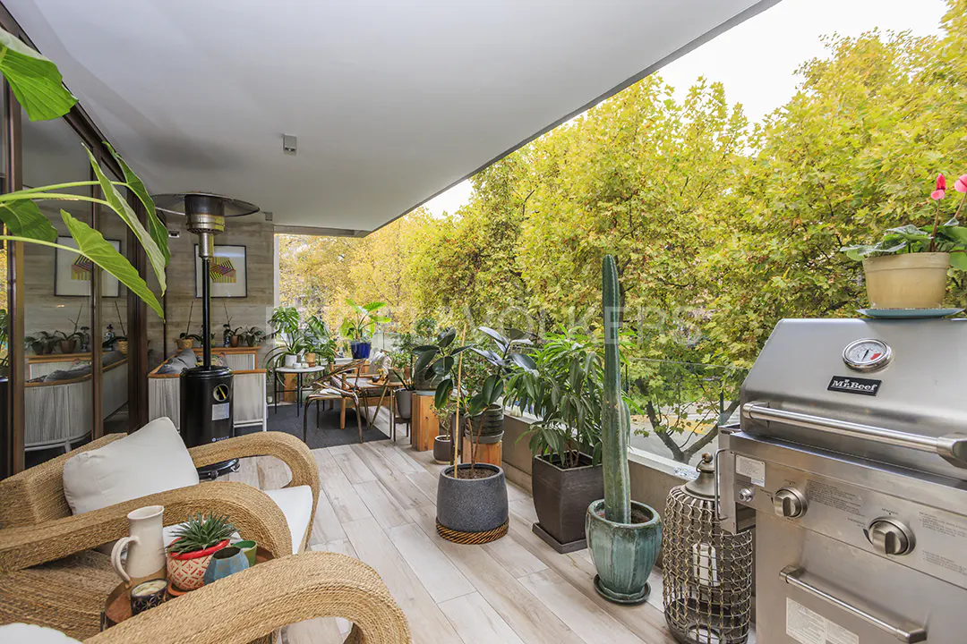 A sunlit balcony with wicker chairs, potted plants, and a stainless steel grill. Trees are visible in the background.