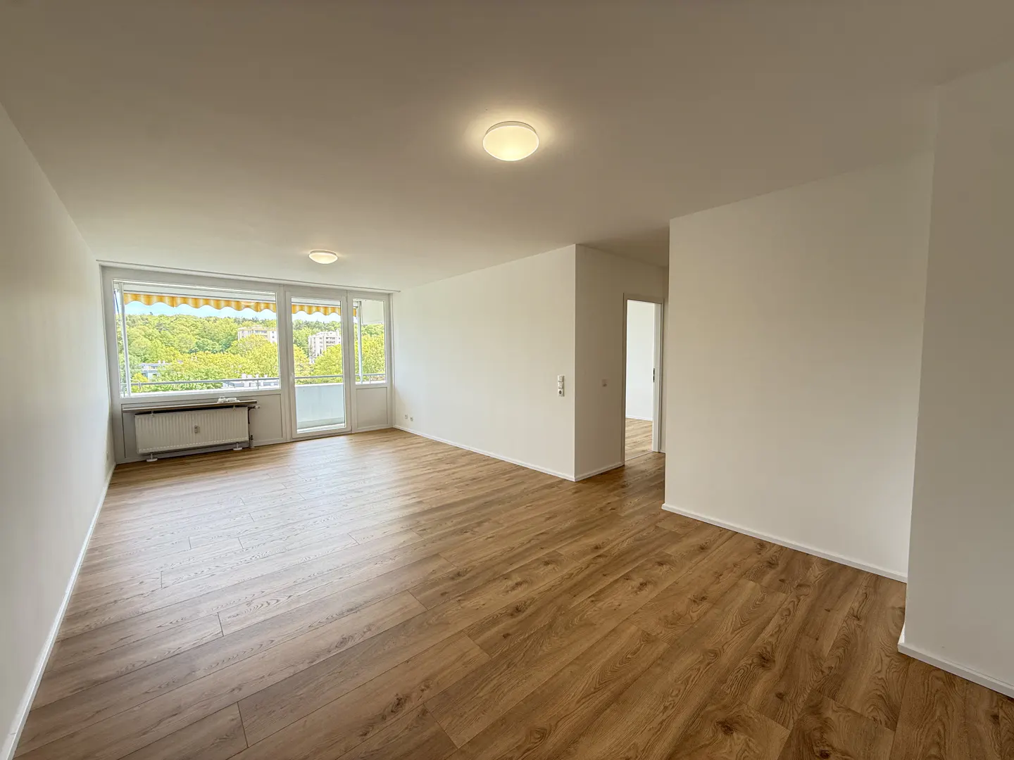 Bright, empty room with wood floors, white walls, and a large window with a yellow awning overlooking trees.