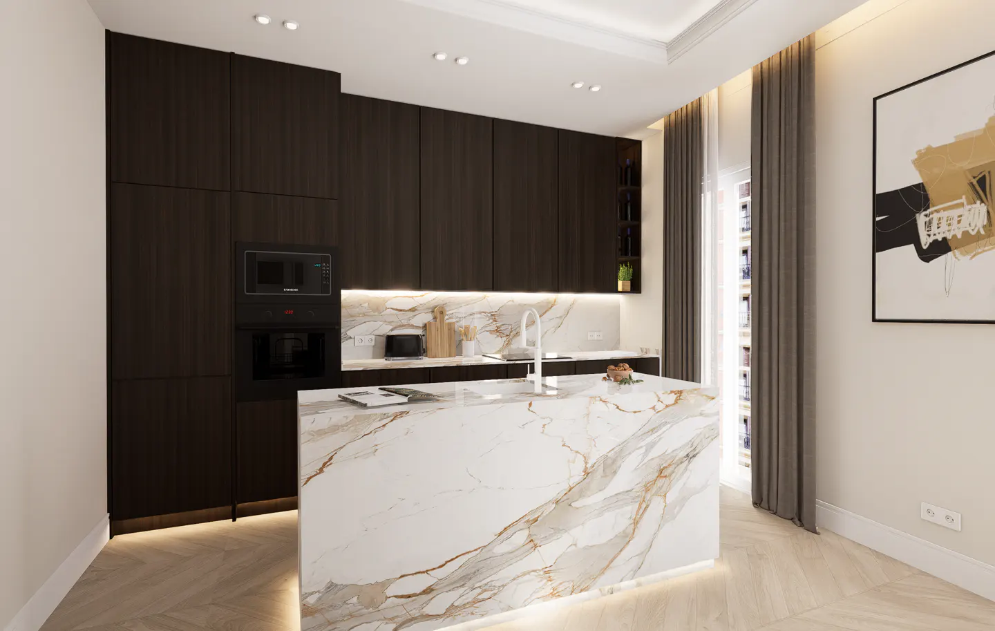 Modern kitchen with dark wood cabinets, marble island, and stainless steel appliances. Abstract art hangs on the wall.