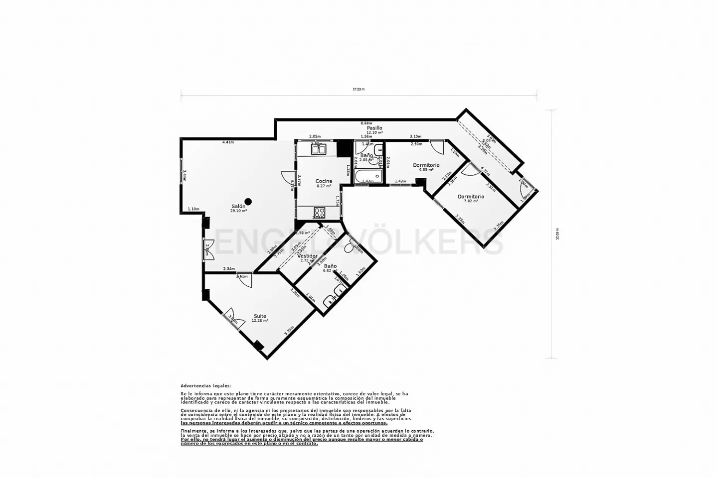 Black and white architectural floor plan of an apartment showing the layout of rooms, hallways, and bathrooms with dimensions.