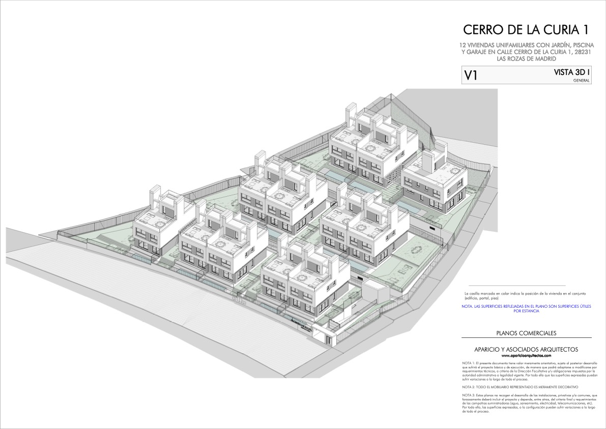 Architectural rendering of twelve modern white townhouses with flat roofs, gardens, and garages on a green lot.