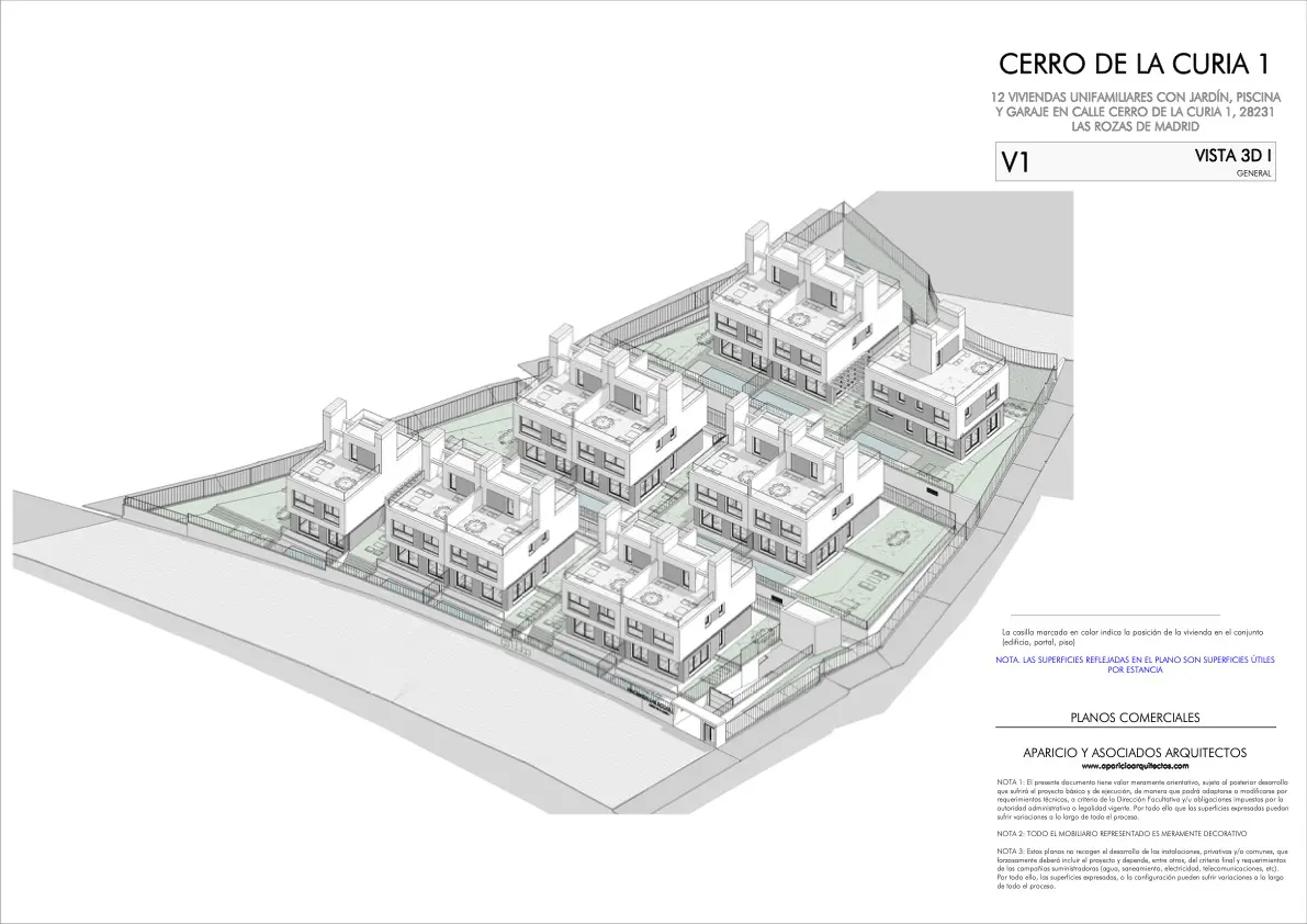 Architectural rendering of twelve modern white townhouses with flat roofs, gardens, and garages on a green lot.