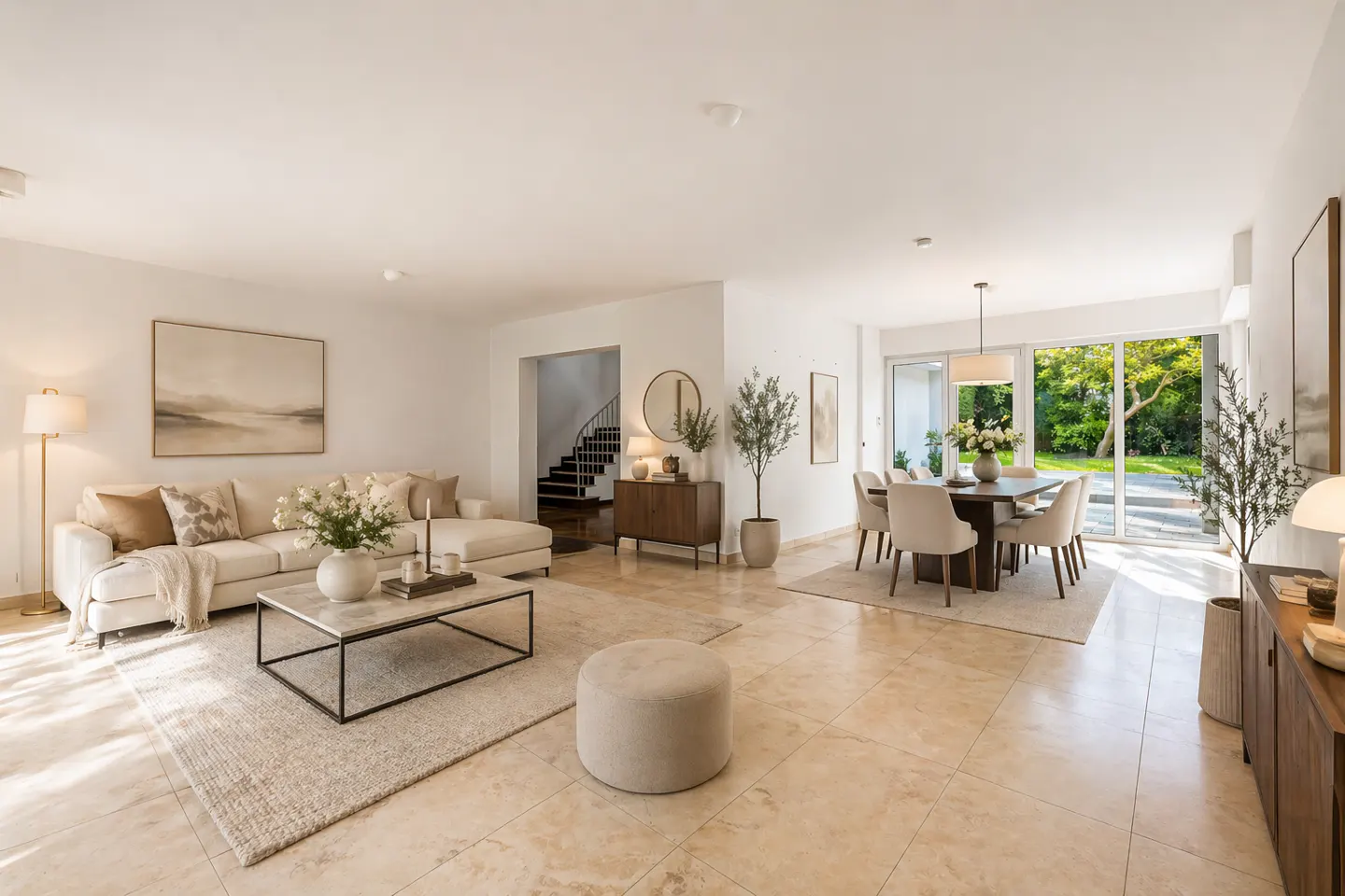 Open-concept living and dining area with beige tile floors, white walls, and neutral furniture. Large windows overlook a green backyard.