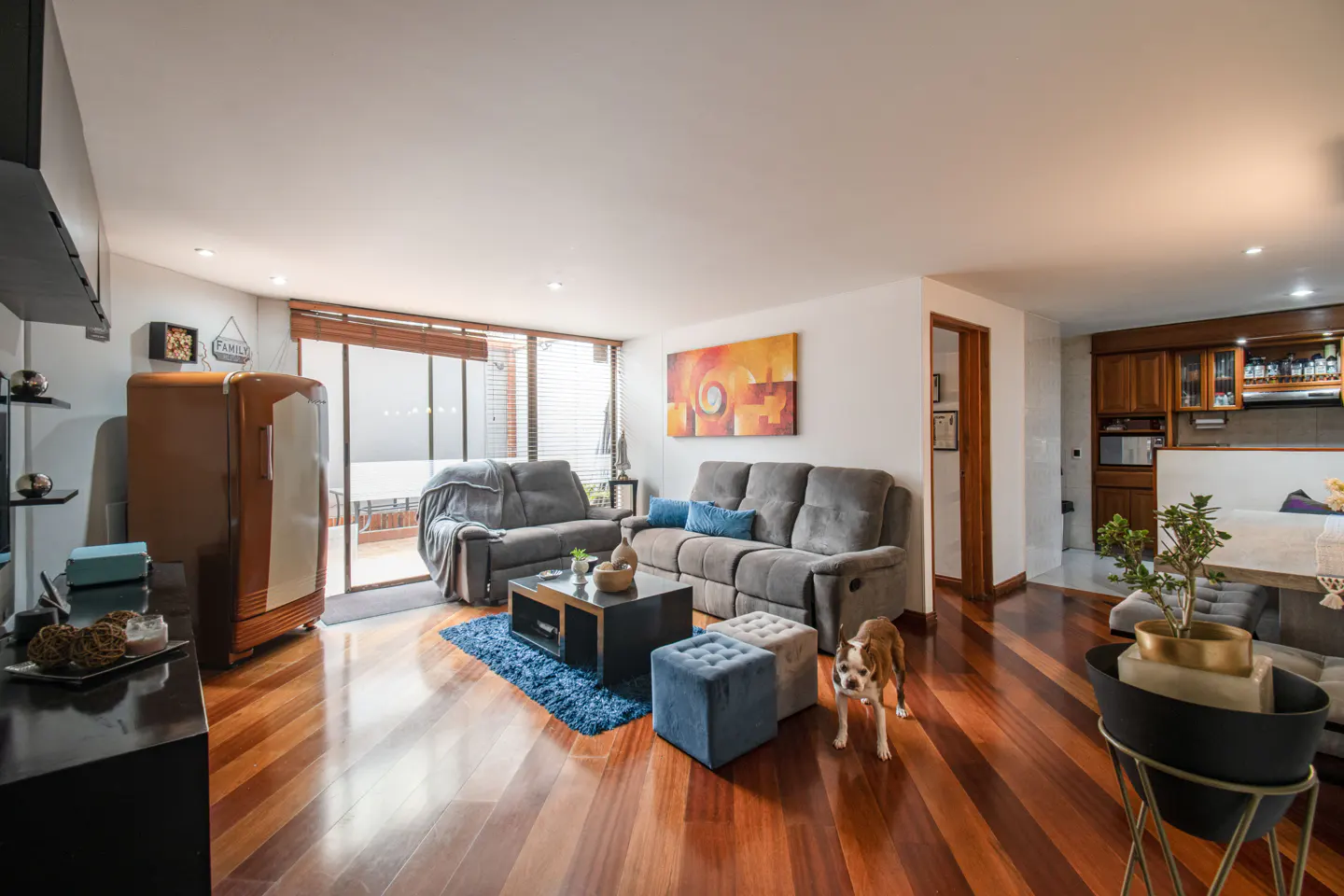 A bright living room with hardwood floors, gray sofas, a blue rug, and a brown retro refrigerator. A small dog stands near the center.