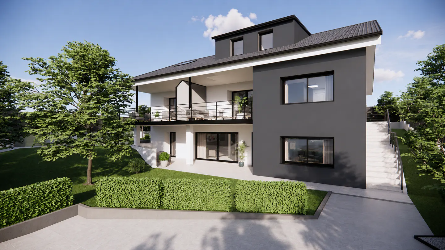 Modern two-story house with dark gray exterior, a balcony, and a landscaped yard with a hedge and concrete driveway.