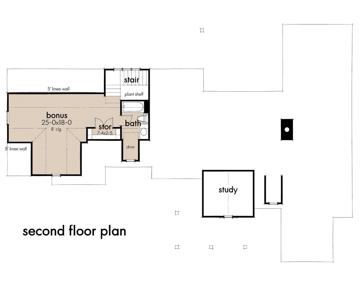 Architectural floor plan of a second floor featuring a bonus room, bathroom, storage, stairs, and a study area.