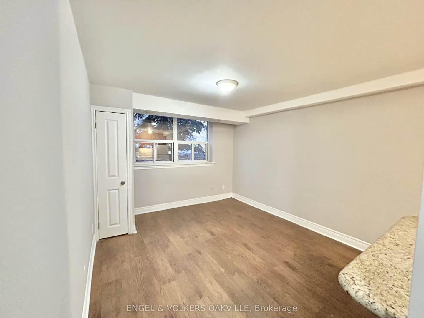 Empty room with light gray walls, wood-look flooring, a white door, and a window overlooking a snowy outdoor scene.