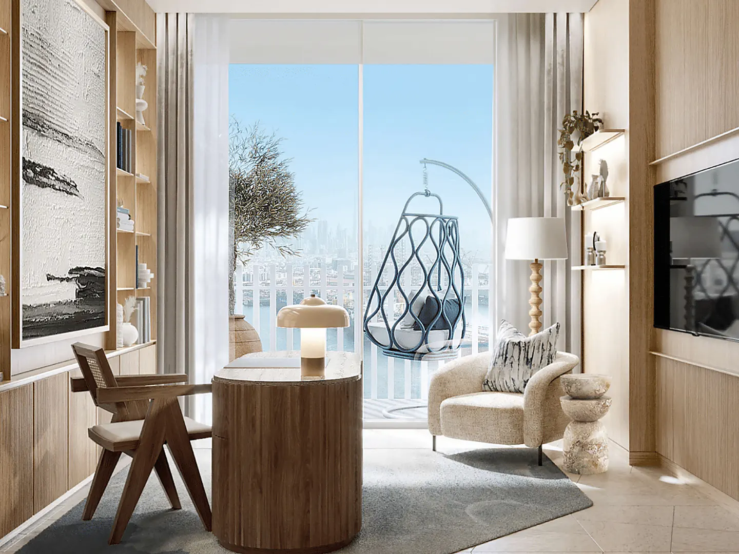 A bright, modern office space with a wooden desk, chair, and a view of the ocean with a hanging chair on the balcony.