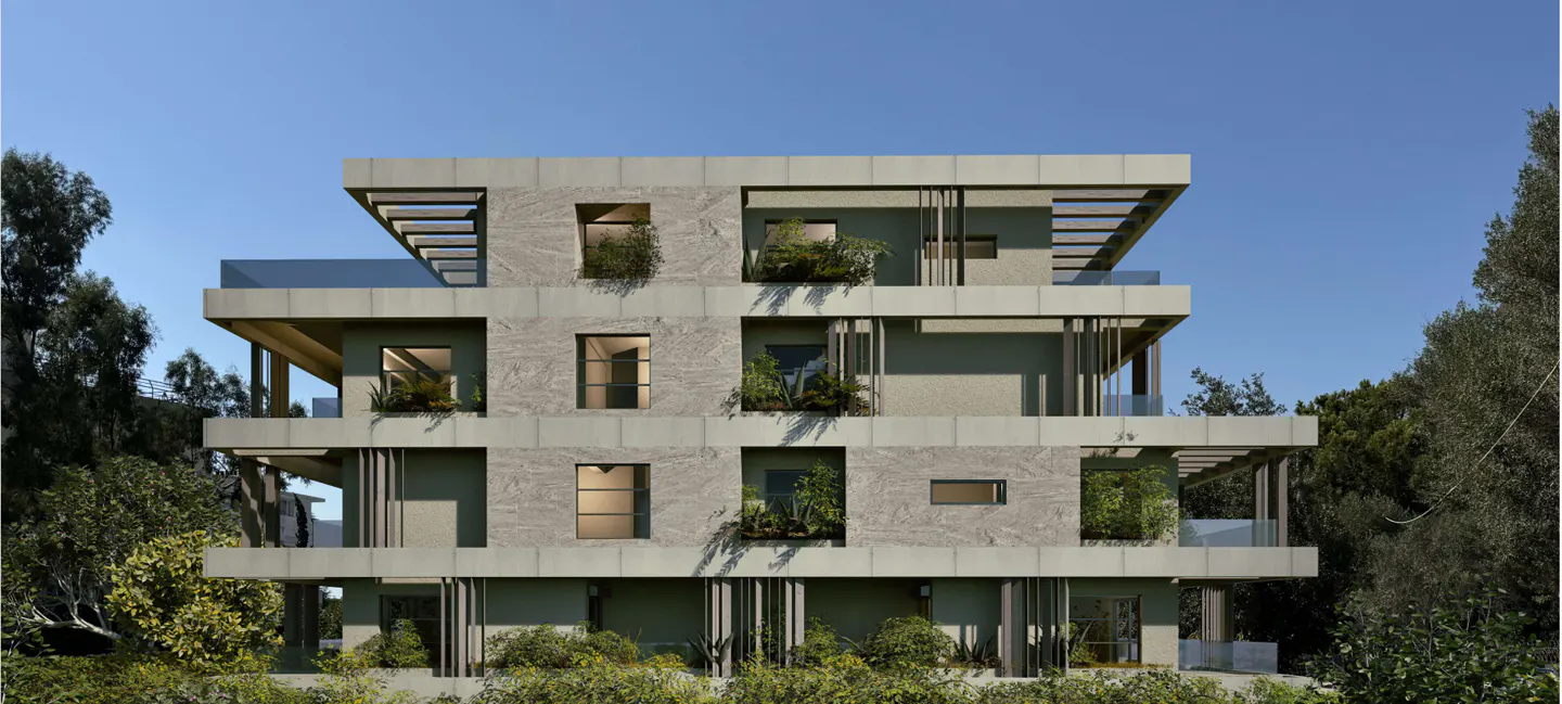 Modern three-story apartment building with stone facade, balconies with plants, and vertical wood slats, surrounded by lush greenery.