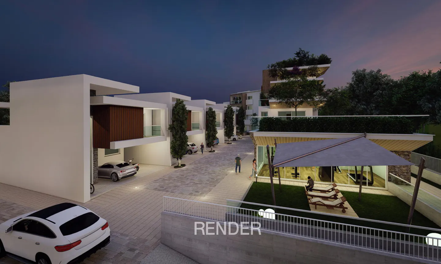 Architectural render of a modern residential complex at dusk with white townhouses, parked cars, and a gym area.