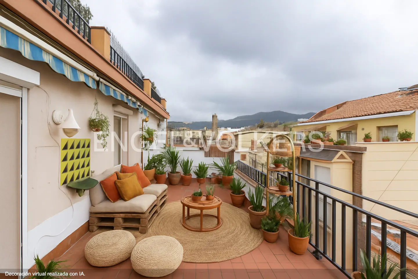 Rooftop terrace with pallet sofa, orange cushions, round rug, coffee table, and many potted plants overlooking city rooftops.