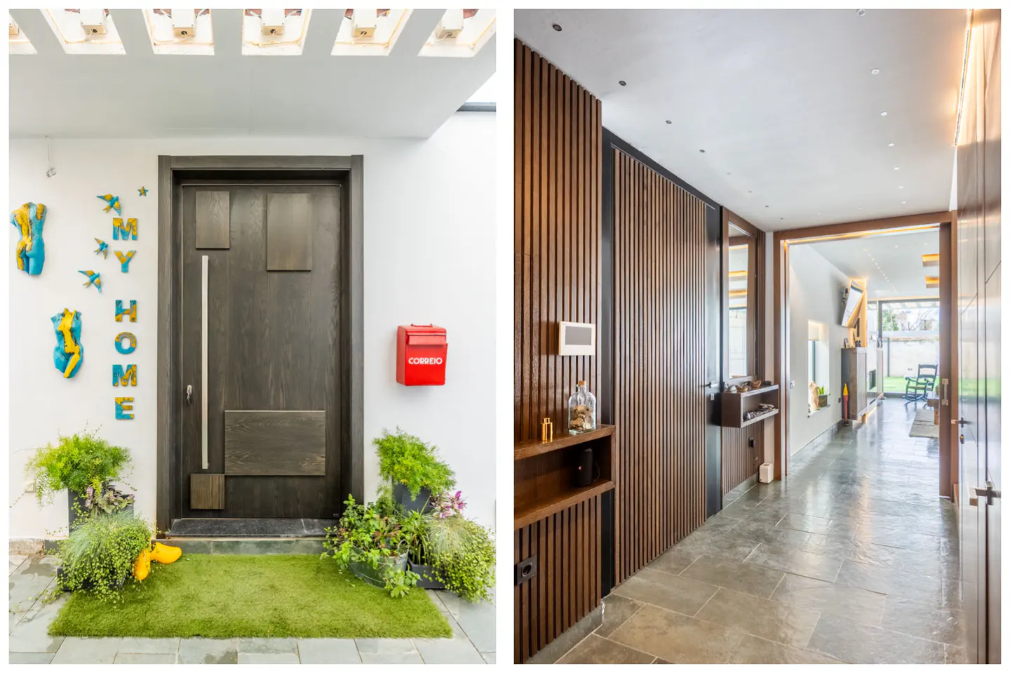 Two-panel image: left shows a front door with "MY HOME" art, right shows a hallway with wood paneling and stone floors.