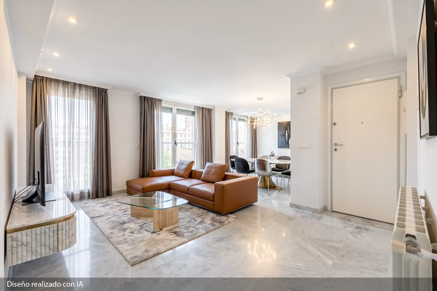 Bright, modern living room with a brown leather sectional sofa, glass coffee table, and marble floors. Dining area visible in the background.