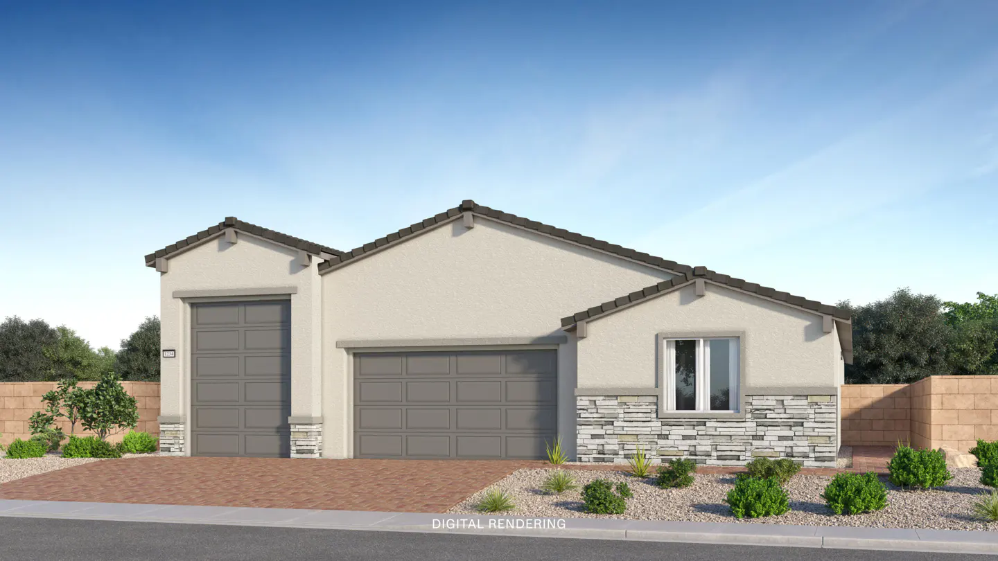 Beige single-story home with two gray garage doors, stone accents, and a brown roof under a blue sky.