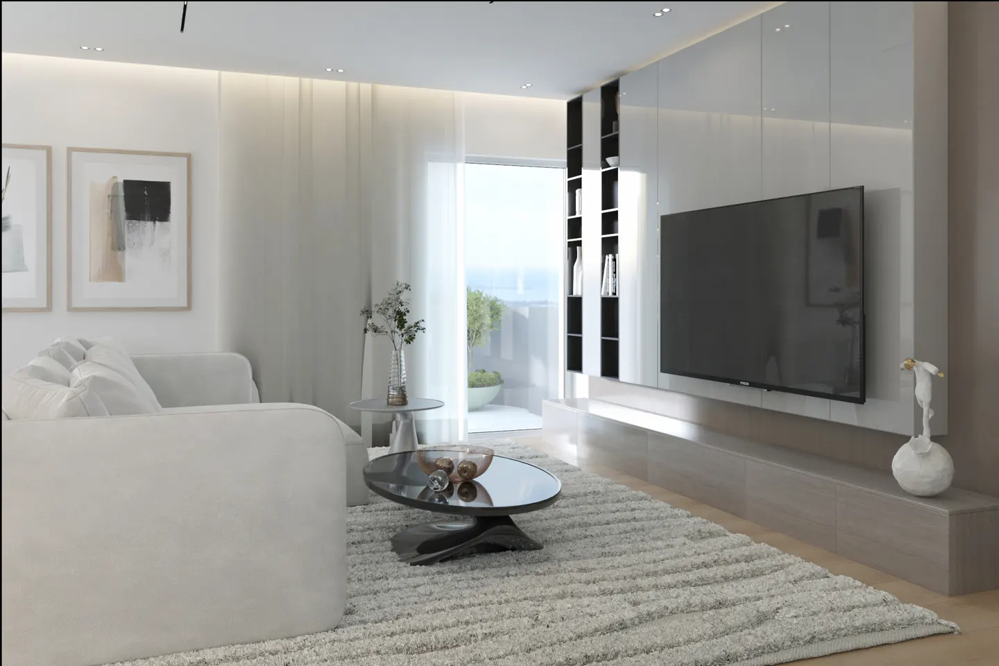 Modern living room with a white sofa, oval coffee table, wall-mounted TV, and a balcony view in a neutral color palette.