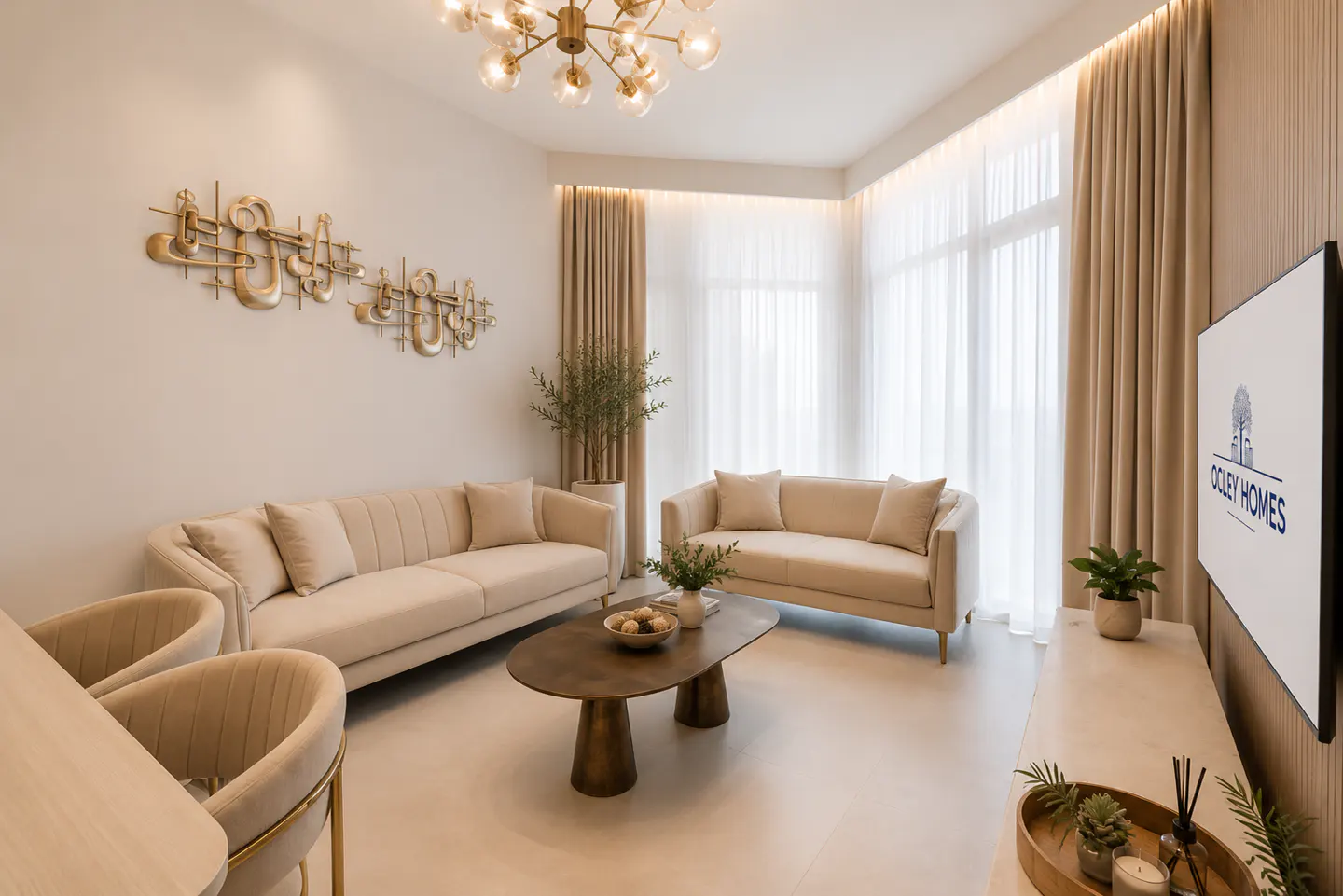 Living room with beige sofas, gold accents, and a TV displaying "Ooley Homes" logo. Sheer curtains filter natural light.