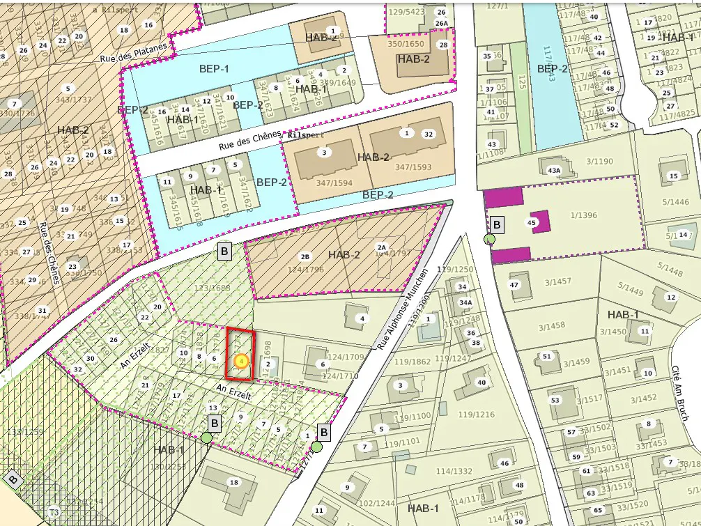 Real estate map showing a property outlined in red, surrounded by streets and other properties with labels and numbers.
