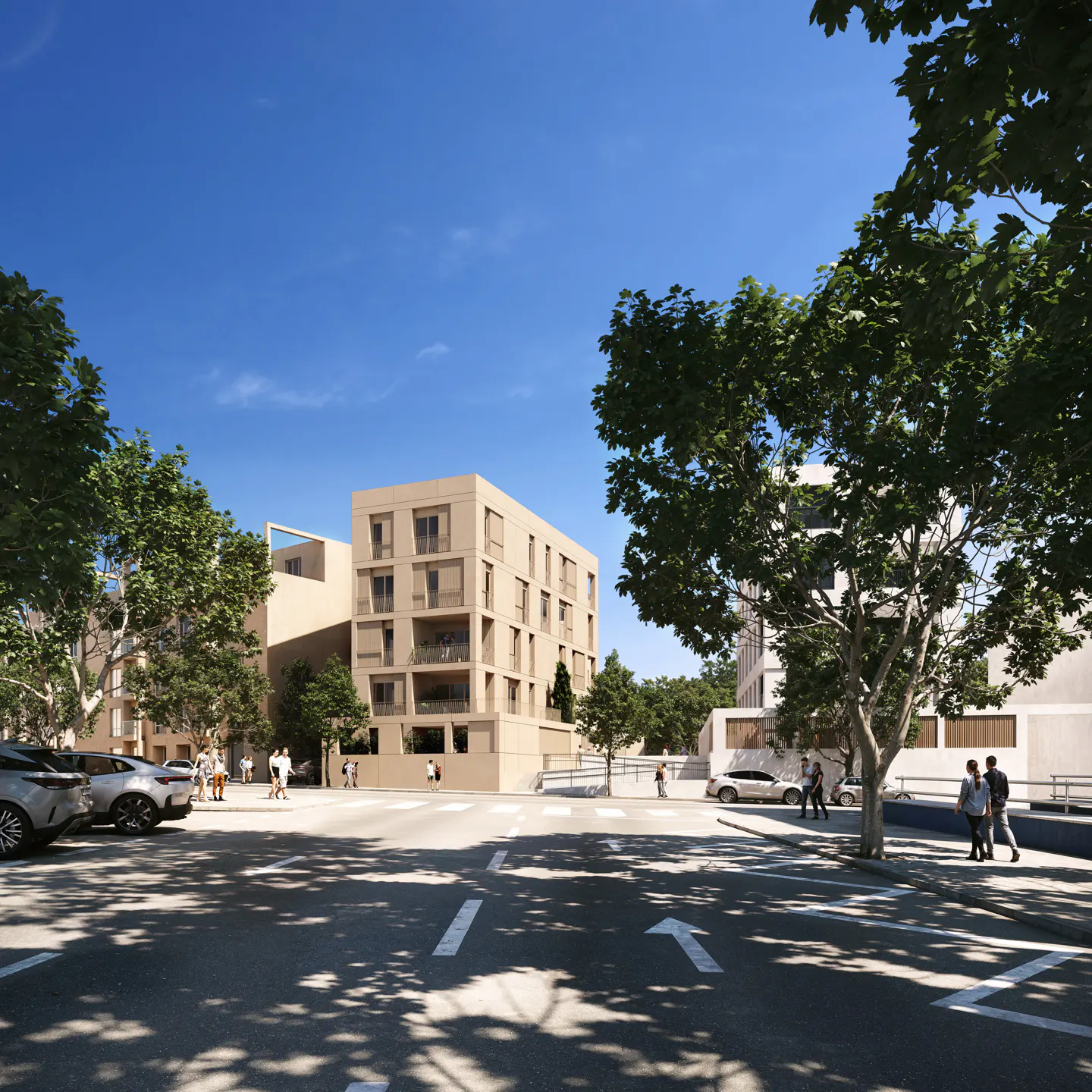 A modern beige apartment building stands on a sunny street corner, framed by lush green trees and pedestrians walking by.