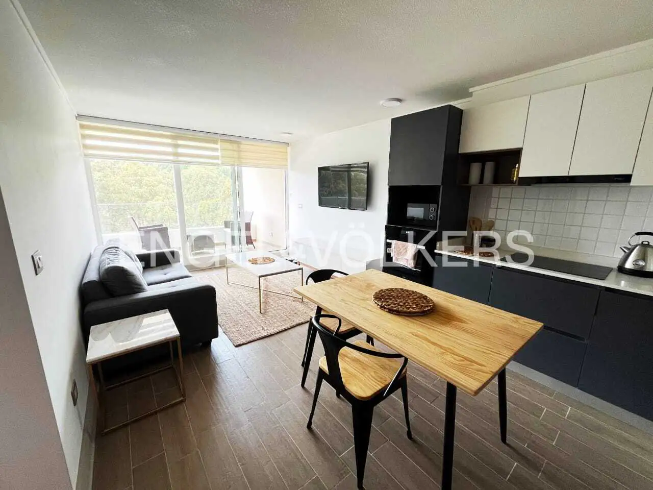 Open-concept apartment with a gray sofa, wood table with black chairs, and a black and white kitchen. Balcony with a view.