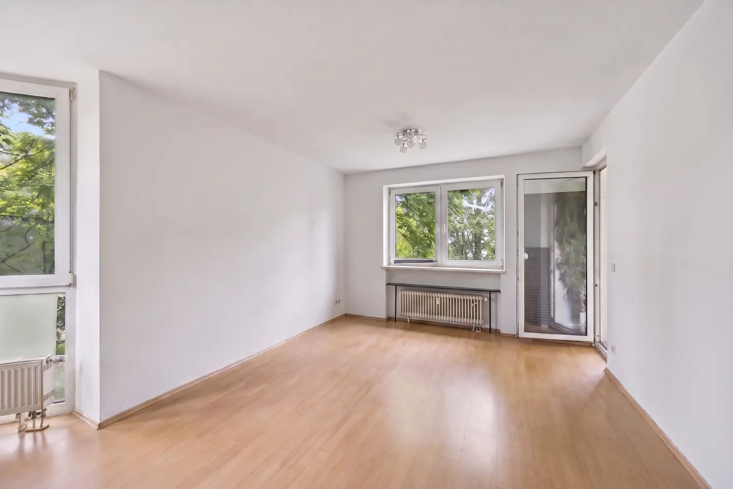 Bright, empty room with wood floors, white walls, and windows showing green trees. A radiator sits under one window.