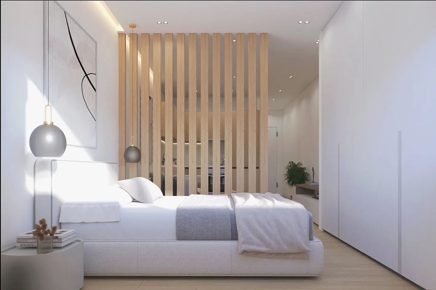 A bright bedroom with a white bed, a wooden slat wall, and a gray pendant light. An abstract art piece hangs on the wall.