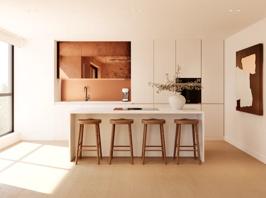 Bright kitchen with white cabinets, copper backsplash, and wood stools at the island. A large window lets in natural light.