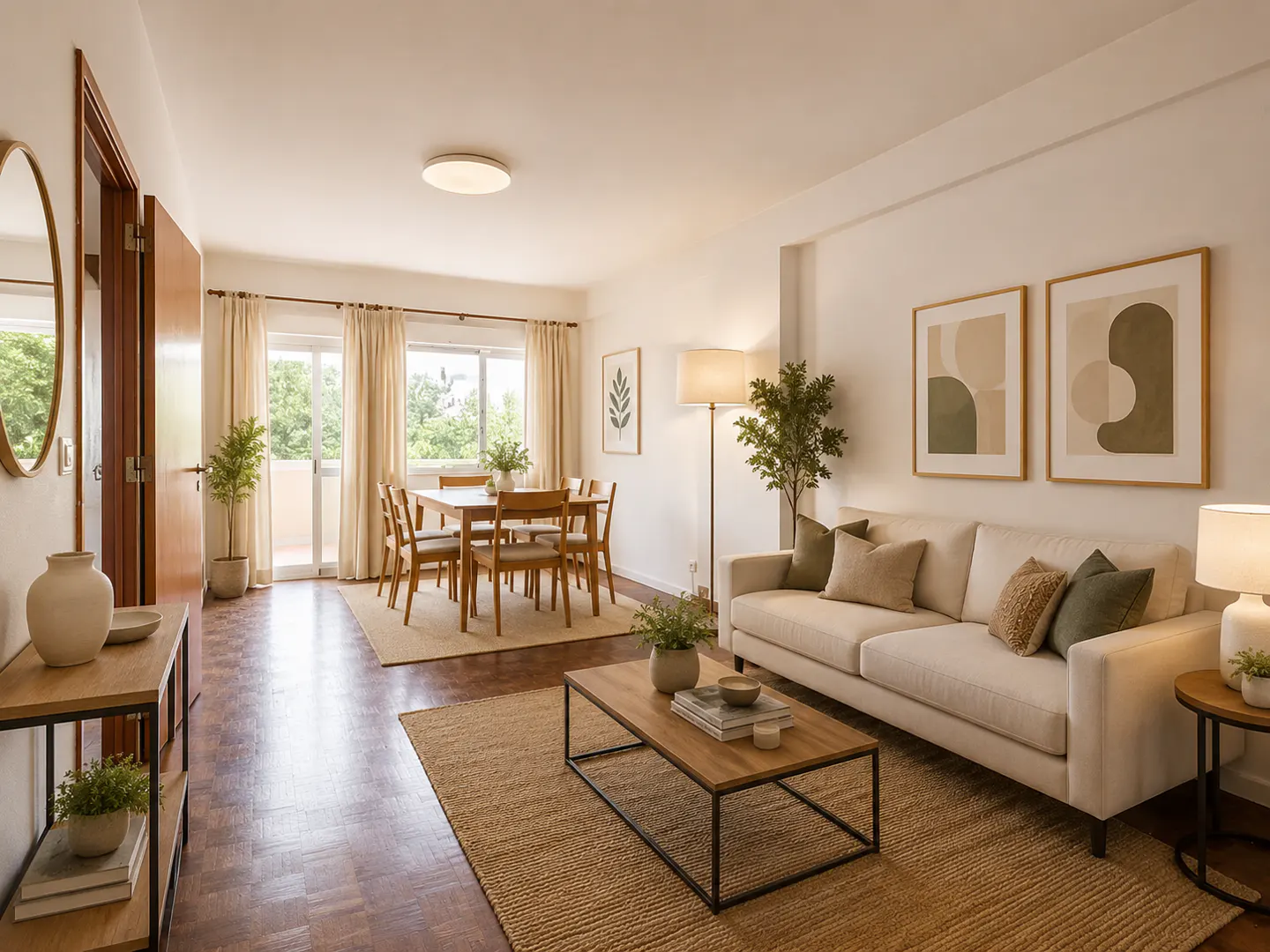 Bright living and dining area with a beige sofa, wooden table and chairs, jute rugs, and neutral-toned artwork.