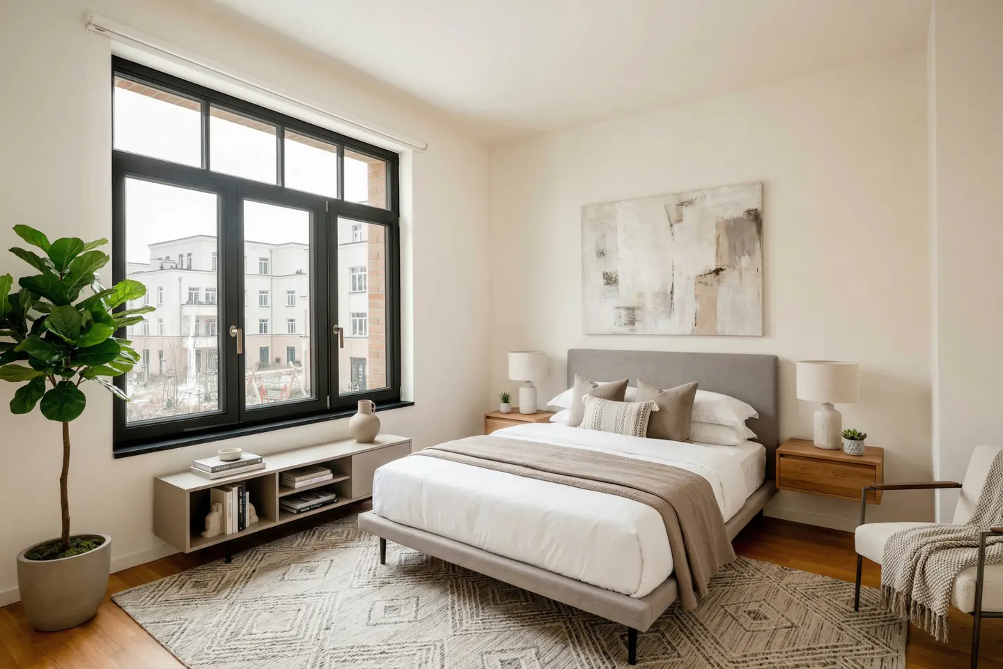 A bright bedroom with a gray bed, white linens, and a tan throw blanket. A large window overlooks a building.