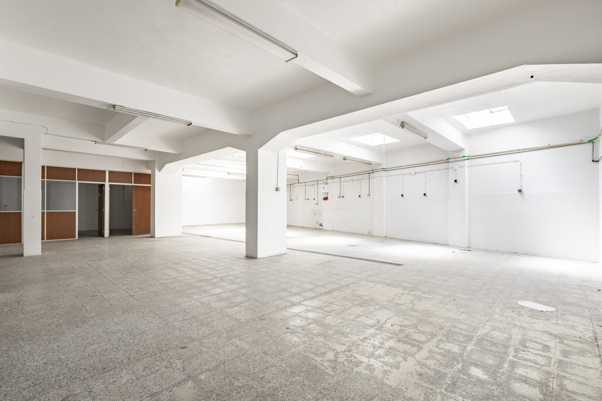 Empty, spacious industrial warehouse with white walls, concrete floors, support pillars, and brown office partitions. [AI-generated text]