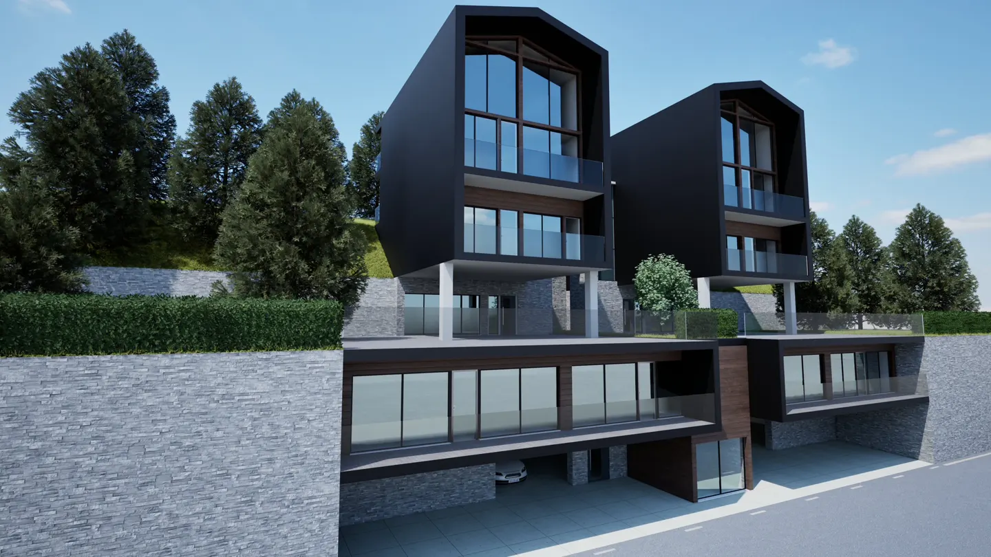 Modern black two-story homes with large windows, set into a hillside with trees and stone walls.
