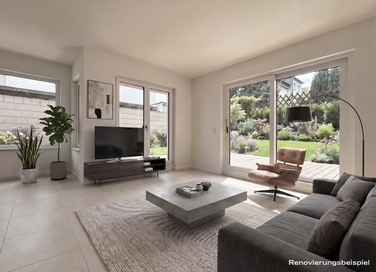 Bright living room with gray sofa, concrete coffee table, TV, and view of a lush green garden through sliding glass doors.