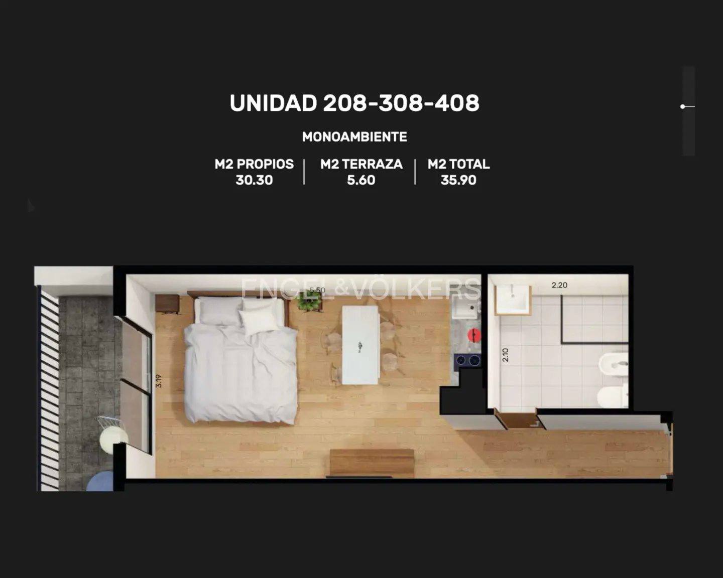 Floor plan of a studio apartment with a balcony, bed, table, kitchenette, and bathroom. The unit number is 208-308-408.