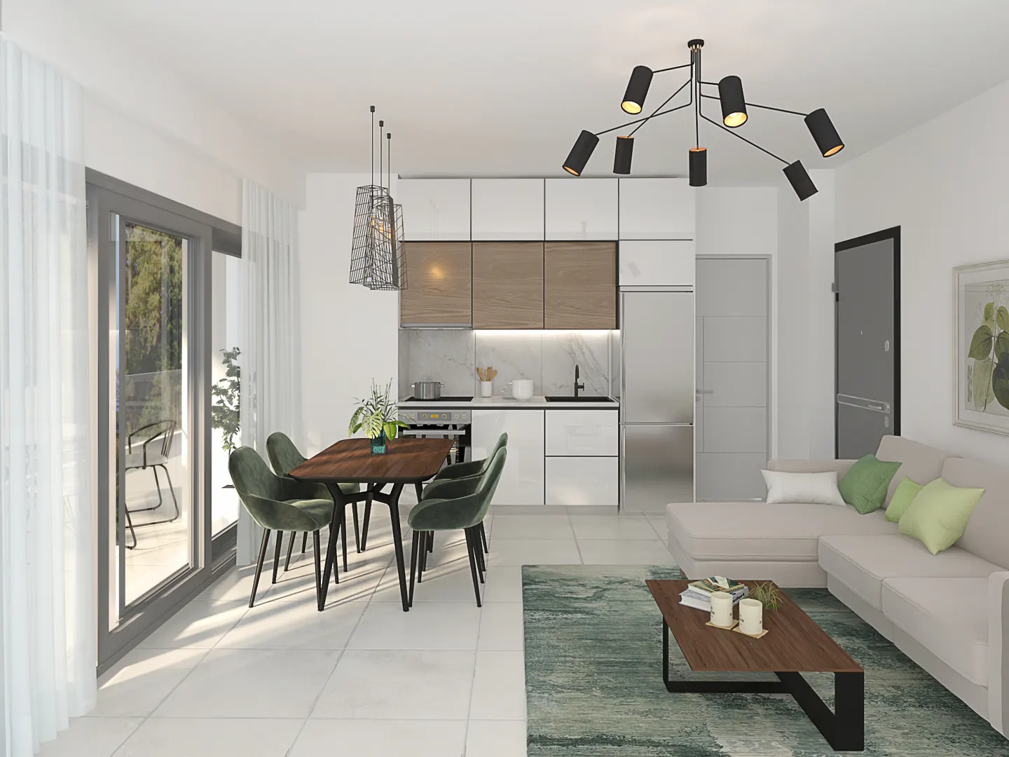 Bright, modern apartment interior with a dining table, kitchen, and living area. A black chandelier hangs above.