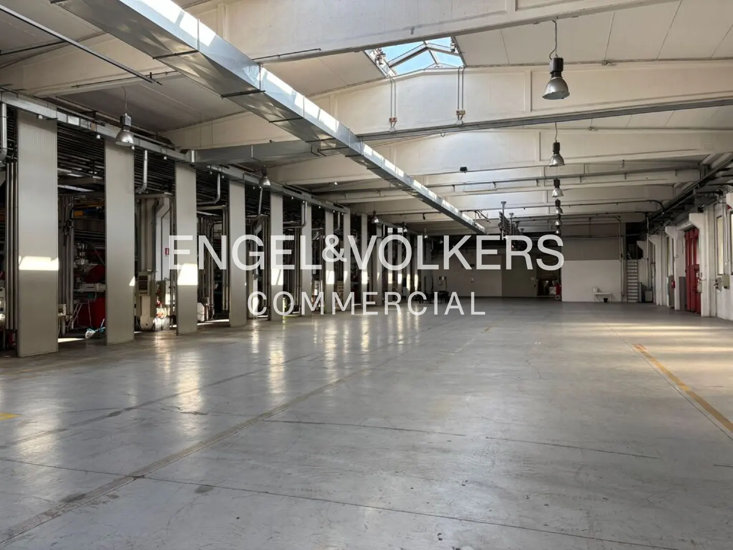 An empty commercial space with a concrete floor, white walls, and high ceilings with skylights and industrial lighting.