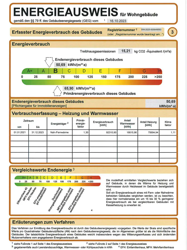 Energy performance certificate for a residential building, dated 10/16/2023, with energy consumption and efficiency ratings from A+ to H.