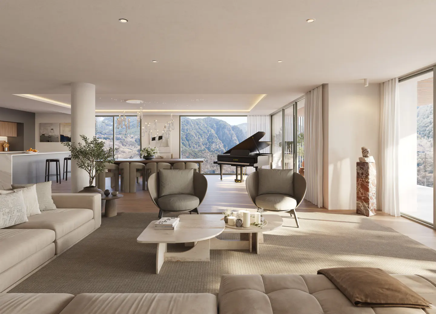 Modern open-plan living room with beige furniture, a grand piano, and floor-to-ceiling windows overlooking mountains.