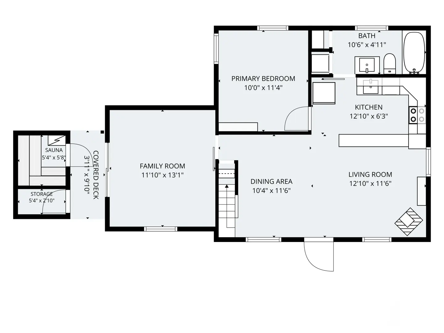 Floor plan showing a family room, dining area, living room, kitchen, primary bedroom, bath, sauna, and storage area.