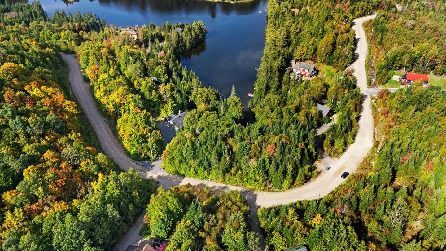 Aerial view of a lake surrounded by green and yellow trees, with houses and dirt roads visible.