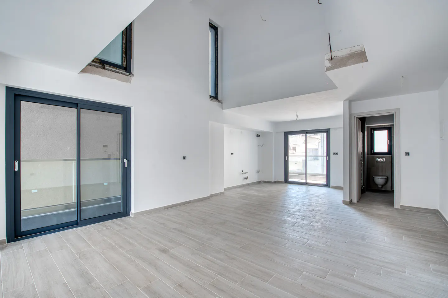 Unfurnished room with gray wood-look tile, white walls, and black-framed windows and sliding glass doors. A bathroom is visible in the background.
