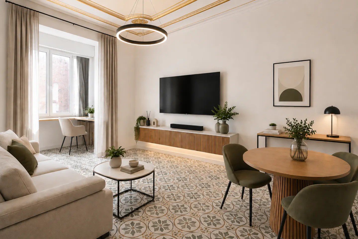 Bright living room with patterned tile floor, beige sofa, round wood table with green chairs, and a large TV mounted on the wall.