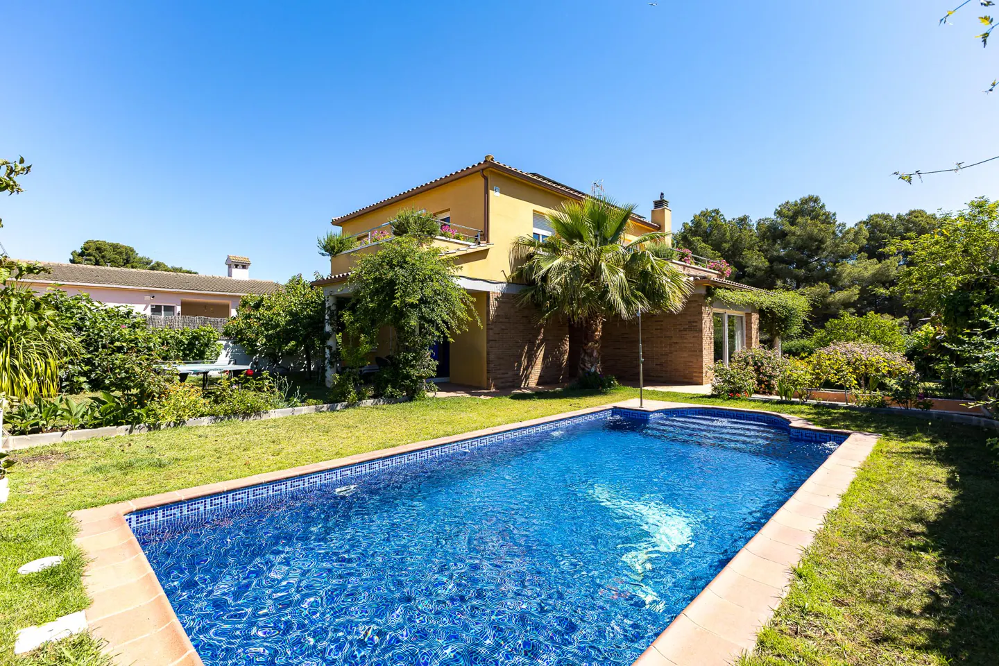 A yellow two-story house with a blue swimming pool in a sunny backyard surrounded by lush green trees and plants.
