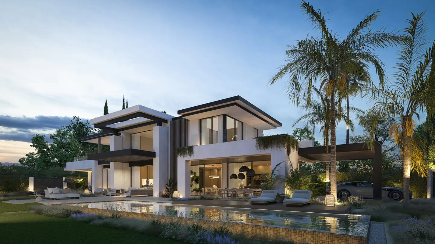 Modern two-story luxury villa with a pool, palm trees, and outdoor lounge area at dusk.