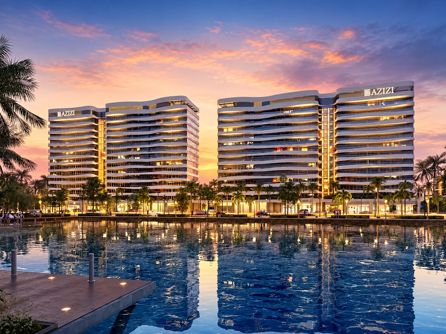 Two modern white Azizi apartment buildings reflected in a calm lake at sunset with palm trees in the foreground. [AI-generated text]