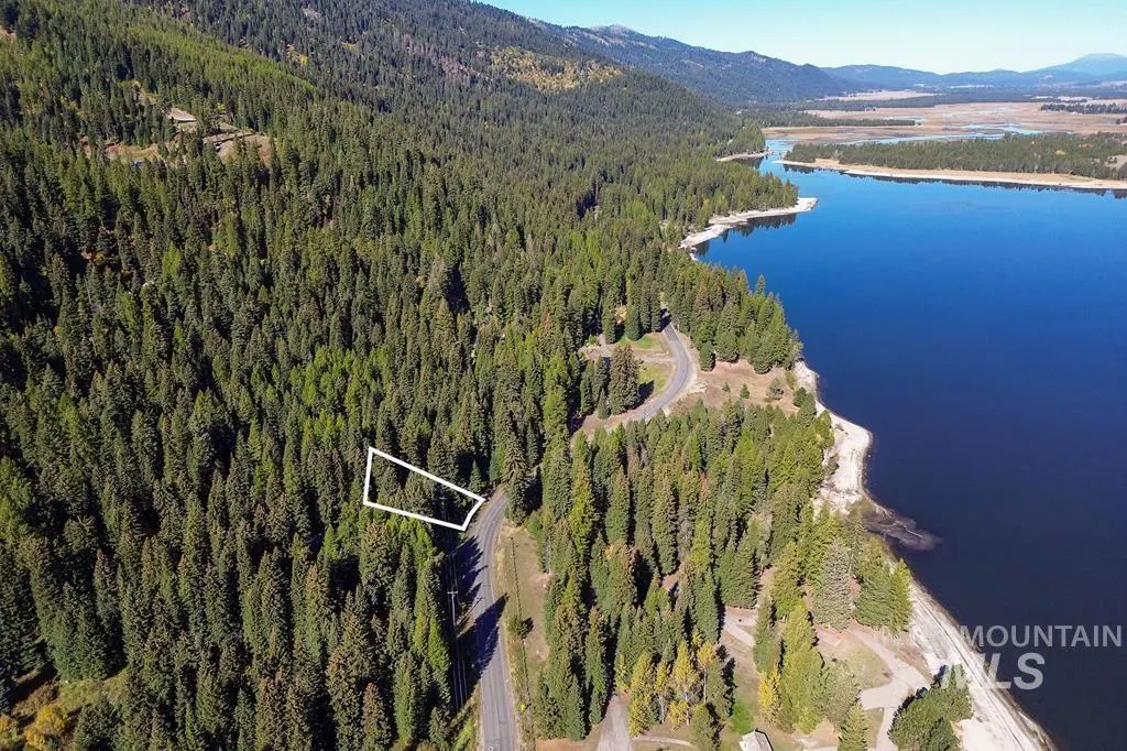 Aerial view of a wooded lot outlined in white, next to a road and a blue lake. Mountains are visible in the background.