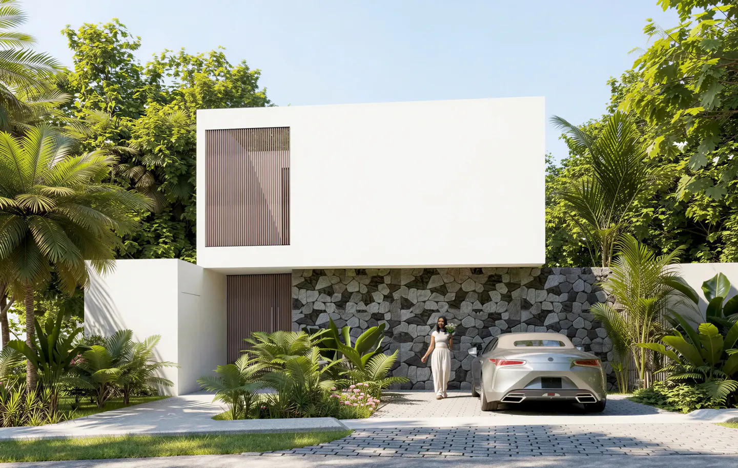 Modern white house with stone accents, lush greenery, and a silver convertible parked in front. A woman in white holds flowers.