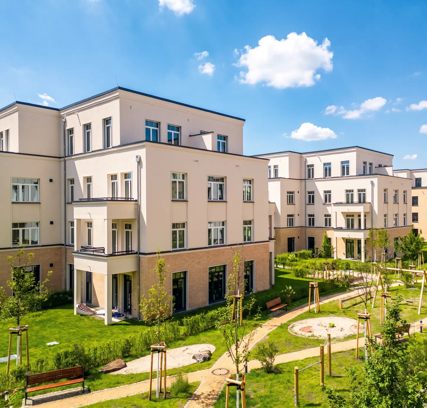 Exterior view of modern, multi-story apartment buildings with beige facades, white windows, and green lawns under a blue sky.